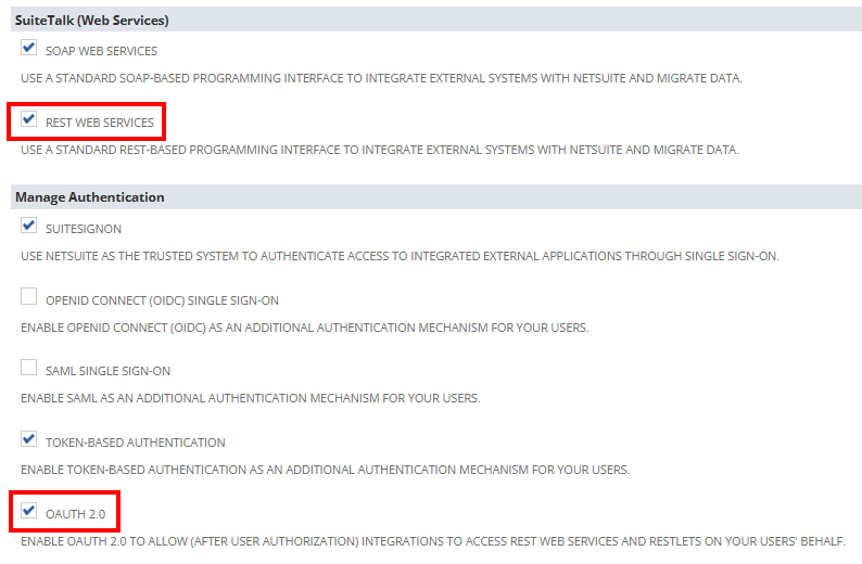 NetSuite Enable Features SuiteCloud page showing REST Web Services and OAuth 2.0 enabled.